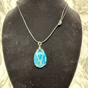 Blue Ripple Jasper Wire-Wrapped Pendant Necklace